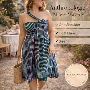 Maeve Anthropologie Waverly Dress SZ14 One Shoulder Gingham Plaid Fit & Flare